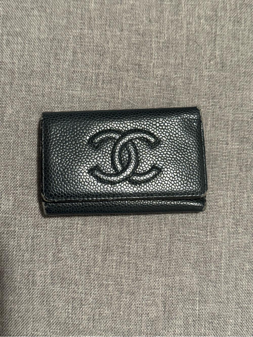 CHANEL Black Caviar Leather Tri-Fold Wallet with CC Logo